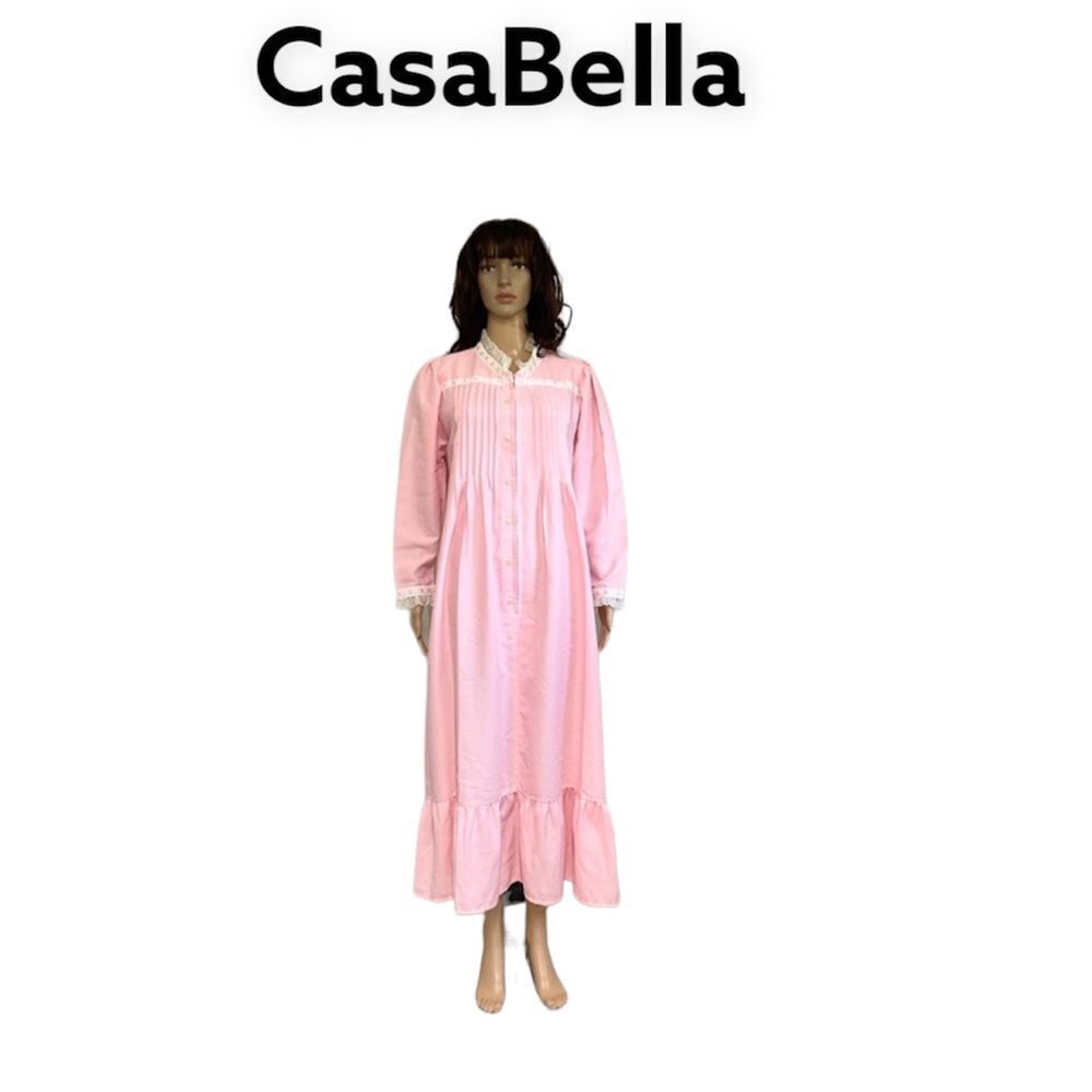 CasaBella Pink Lace Trim Full Zip Long Sleeve Night Gown Pajama Robe Dress XL